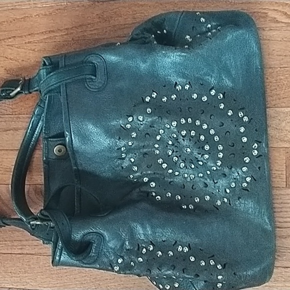 Platania Studded Lazer Cut Black Italian Leather Satchel with Swirl Design - Picture 14 of 14